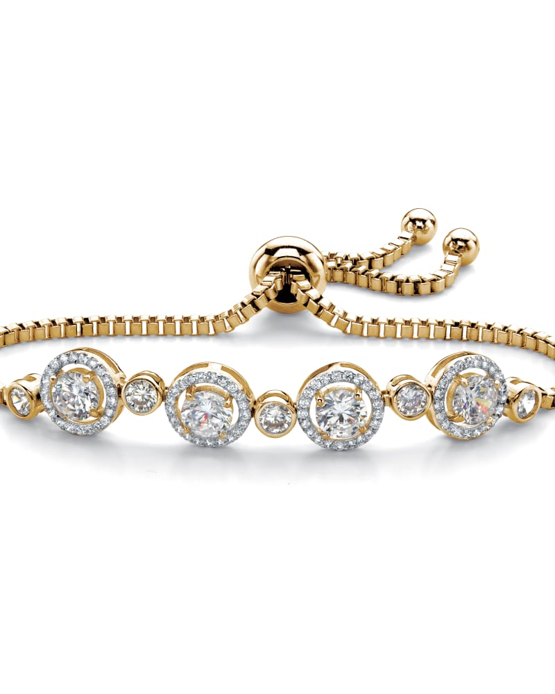Front of a size 9 in 2.92 Cttw. Gold-Plated Cubic Zirconia Adjustable Halo Slider Bracelet 9" in White by PalmBeach Jewelry. | dia_product_style_image_id:333355